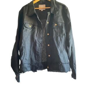 CROWN LINEN Black Frayed Hem 100% Linen Jacket Cork Buttons $153 Women’s XL